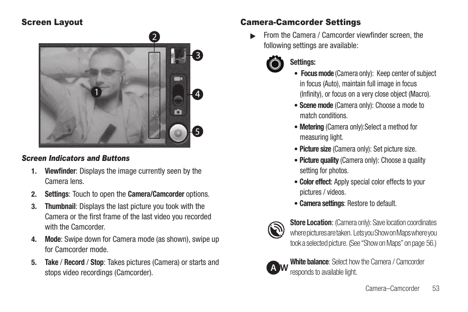 Screen layout, Screen indicators and buttons, Camera-camcorder settings | Screen layout camera-camcorder settings | Samsung SCH-R880MBAUSC User Manual | Page 57 / 114