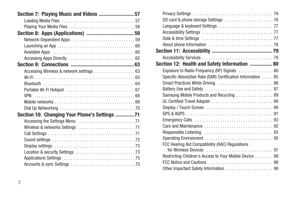 Section 7: playing music and videos 57, Section 8: apps (applications) 59, Section 9: connections 63 | Section 10: changing your phone’s settings 71, Section 11: accessibility 79, Section 12: health and safety information 80 | Samsung SCH-R880MBAUSC User Manual | Page 6 / 114