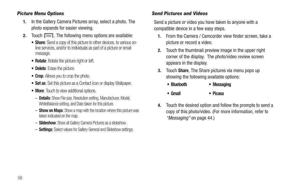 Picture menu options, Send pictures and videos | Samsung SCH-R880MBAUSC User Manual | Page 60 / 114