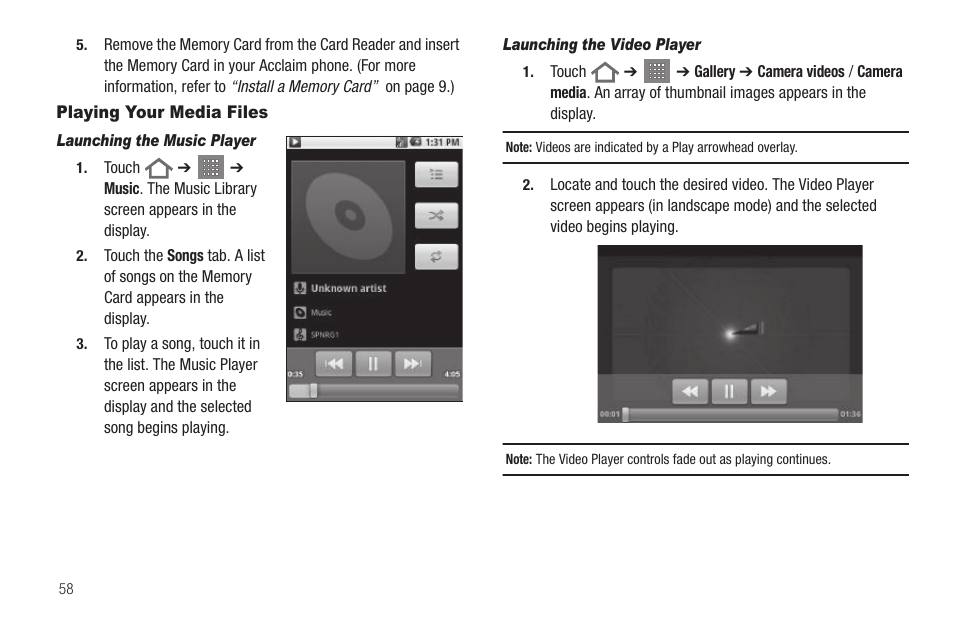 Playing your media files, Launching the music player, Launching the video player | Samsung SCH-R880MBAUSC User Manual | Page 62 / 114