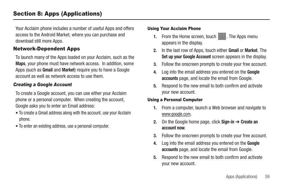 Section 8: apps (applications), Network-dependent apps, Creating a google account | Using your acclaim phone, Using a personal computer | Samsung SCH-R880MBAUSC User Manual | Page 63 / 114