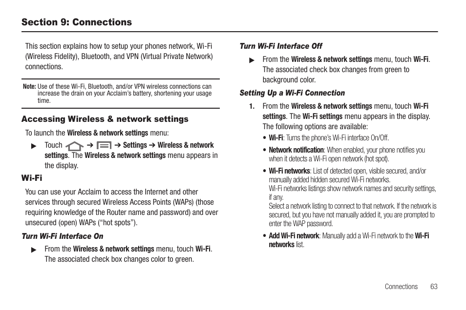 Section 9: connections, Accessing wireless & network settings, Wi-fi | Turn wi-fi interface on, Turn wi-fi interface off, Setting up a wi-fi connection, Accessing wireless & network settings wi-fi | Samsung SCH-R880MBAUSC User Manual | Page 67 / 114