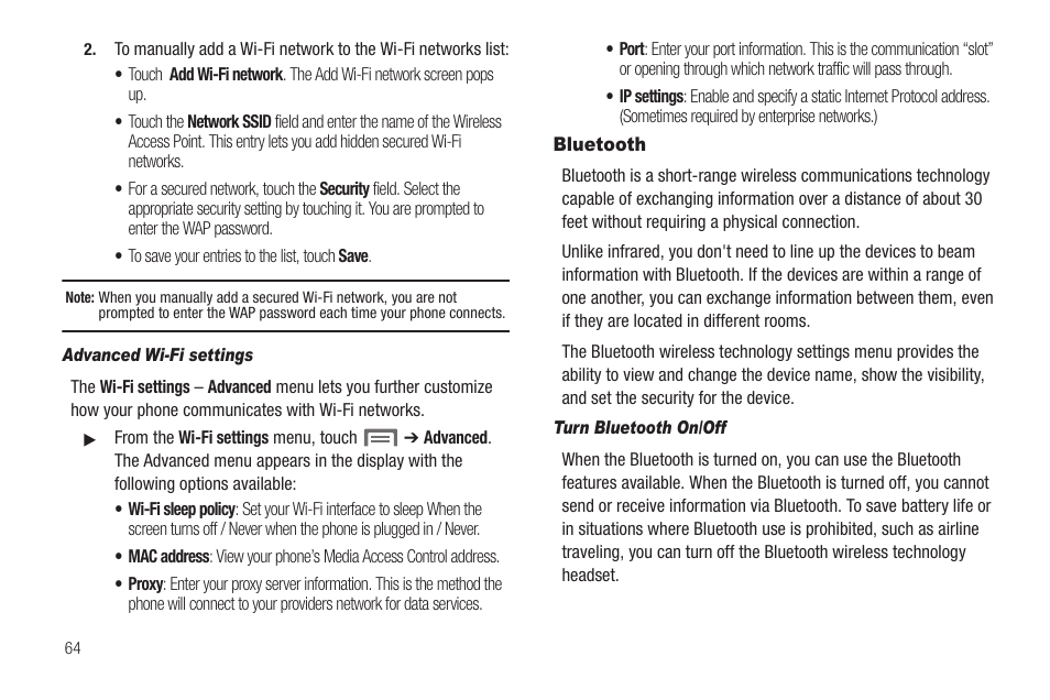 Advanced wi-fi settings, Bluetooth, Turn bluetooth on/off | Samsung SCH-R880MBAUSC User Manual | Page 68 / 114