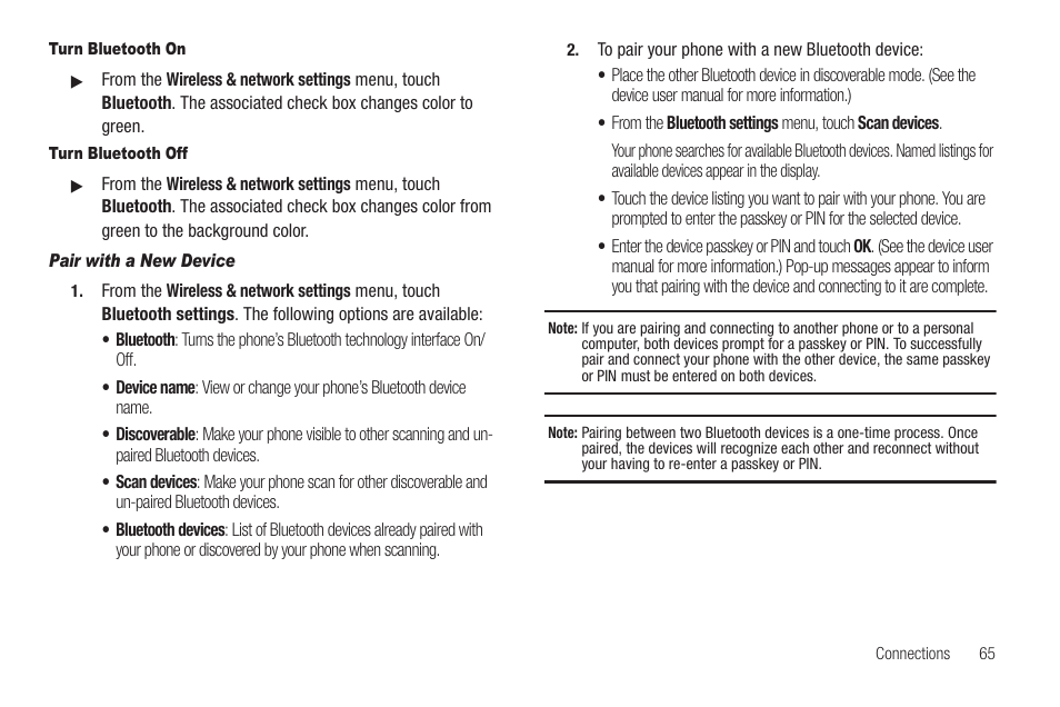 Turn bluetooth on, Turn bluetooth off, Pair with a new device | Samsung SCH-R880MBAUSC User Manual | Page 69 / 114