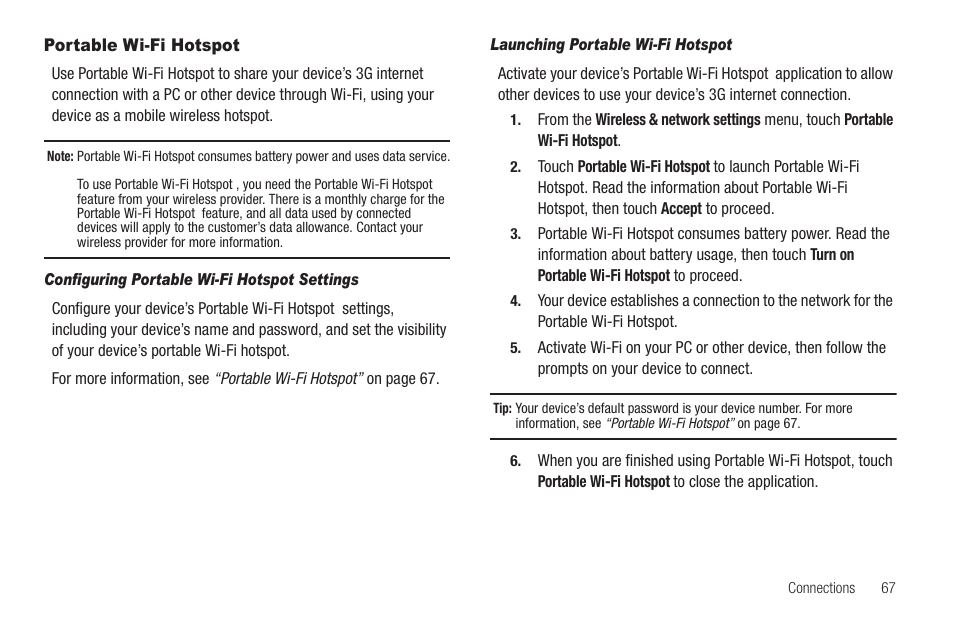Portable wi-fi hotspot, Configuring portable wi-fi hotspot settings, Launching portable wi-fi hotspot | Samsung SCH-R880MBAUSC User Manual | Page 71 / 114