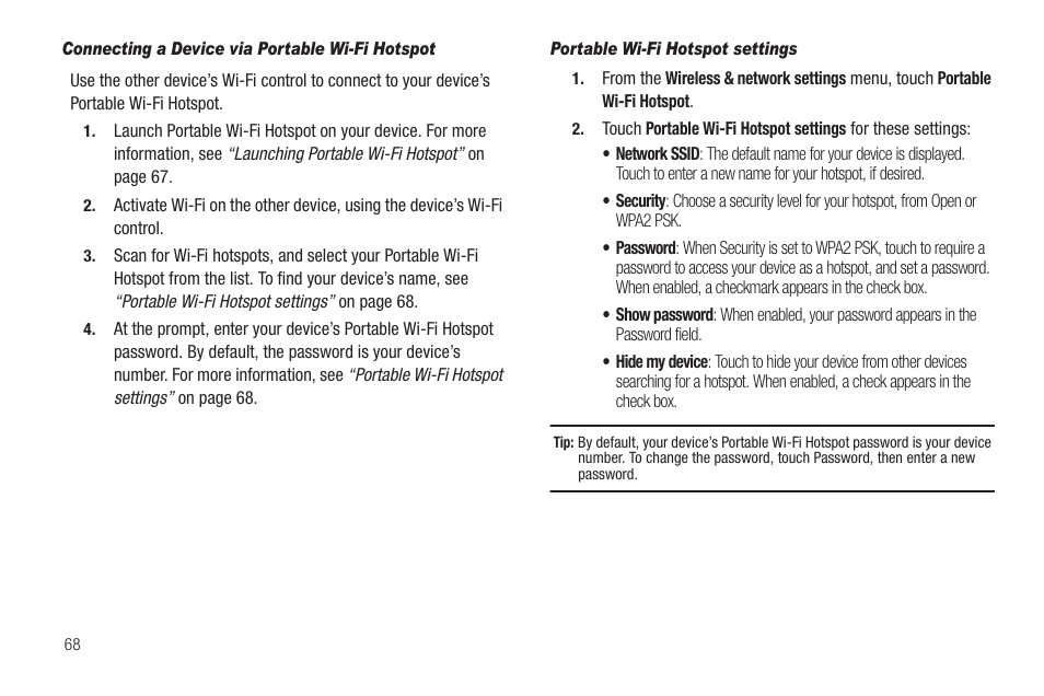 Connecting a device via portable wi-fi hotspot, Portable wi-fi hotspot settings | Samsung SCH-R880MBAUSC User Manual | Page 72 / 114