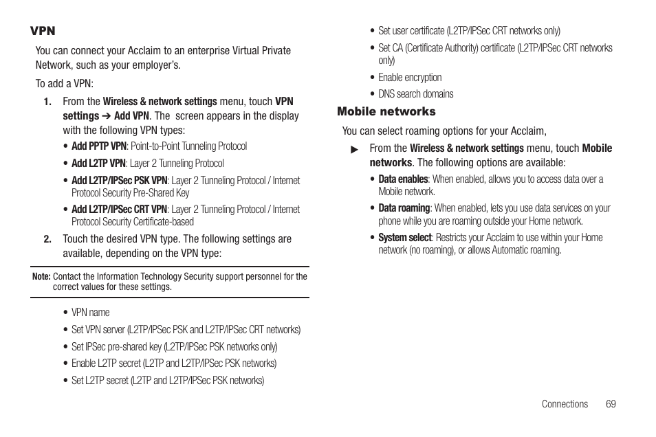 Mobile networks, Vpn mobile networks | Samsung SCH-R880MBAUSC User Manual | Page 73 / 114