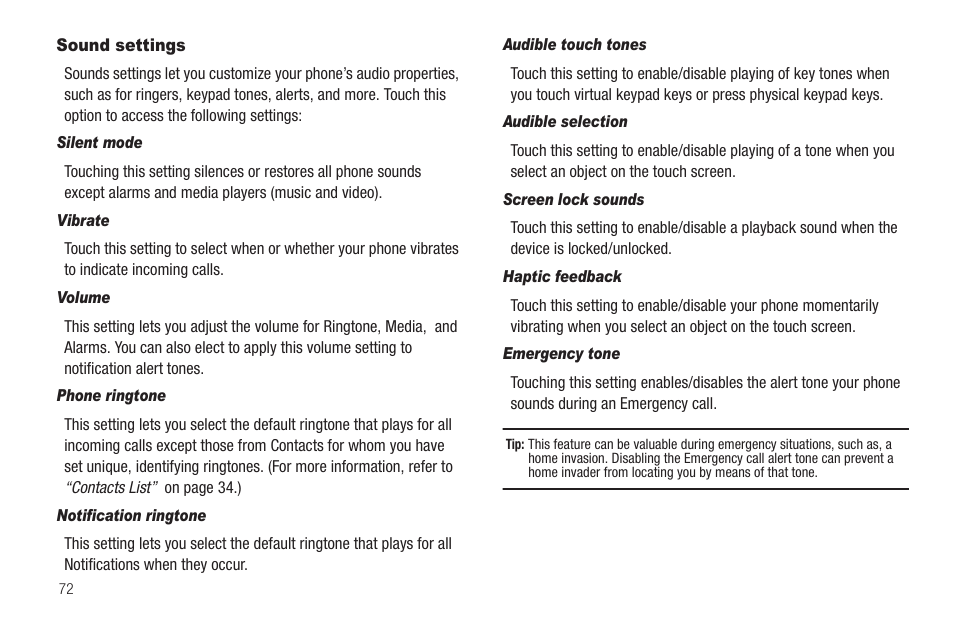 Sound settings, Silent mode, Vibrate | Volume, Phone ringtone, Notification ringtone, Audible touch tones, Audible selection, Screen lock sounds, Haptic feedback | Samsung SCH-R880MBAUSC User Manual | Page 76 / 114