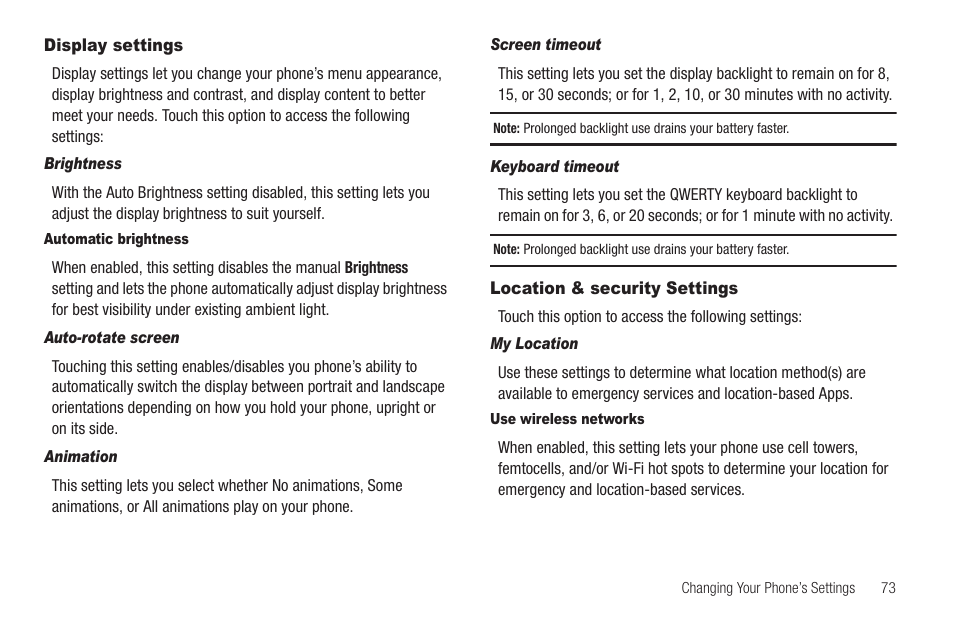 Display settings, Brightness, Automatic brightness | Auto-rotate screen, Animation, Screen timeout, Keyboard timeout, Location & security settings, My location, Use wireless networks | Samsung SCH-R880MBAUSC User Manual | Page 77 / 114