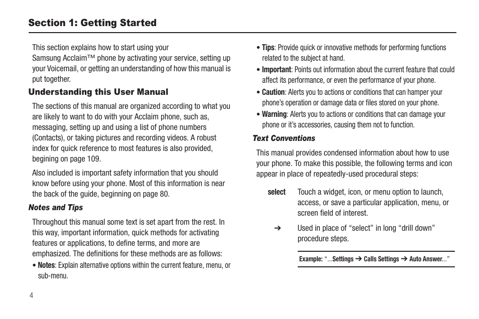 Section 1: getting started, Understanding this user manual, Notes and tips | Text conventions | Samsung SCH-R880MBAUSC User Manual | Page 8 / 114