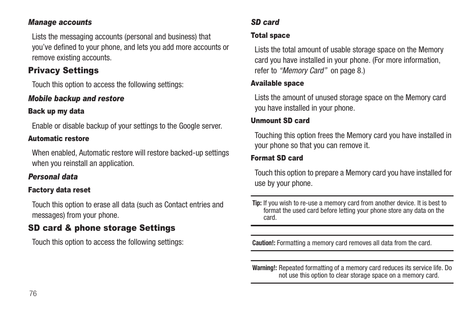 Manage accounts, Privacy settings, Mobile backup and restore | Back up my data, Automatic restore, Personal data, Factory data reset, Sd card & phone storage settings, Sd card, Total space | Samsung SCH-R880MBAUSC User Manual | Page 80 / 114