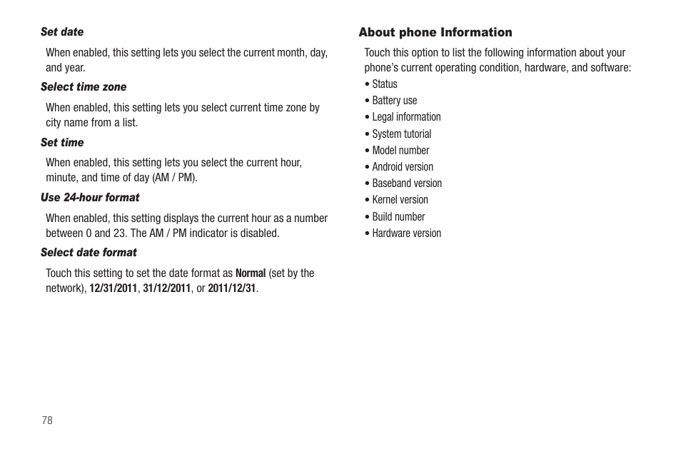 Set date, Select time zone, Set time | Use 24-hour format, Select date format, About phone information | Samsung SCH-R880MBAUSC User Manual | Page 82 / 114