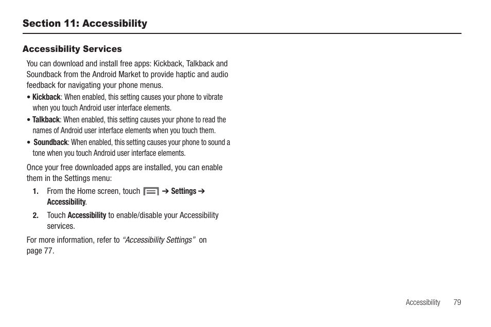 Section 11: accessibility, Accessibility services | Samsung SCH-R880MBAUSC User Manual | Page 83 / 114
