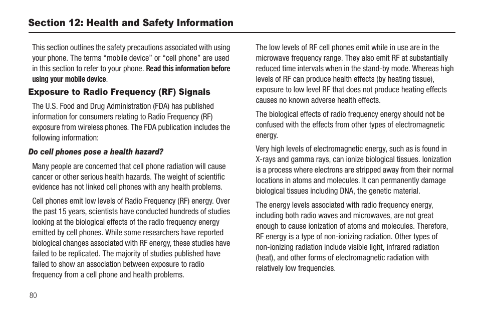 Section 12: health and safety information, Exposure to radio frequency (rf) signals, Do cell phones pose a health hazard | Samsung SCH-R880MBAUSC User Manual | Page 84 / 114