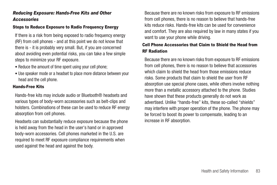 Steps to reduce exposure to radio frequency energy, Hands-free kits | Samsung SCH-R880MBAUSC User Manual | Page 87 / 114