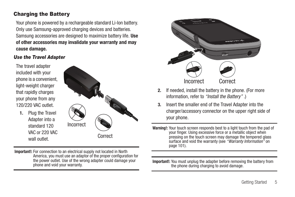 Charging the battery, Use the travel adapter | Samsung SCH-R880MBAUSC User Manual | Page 9 / 114