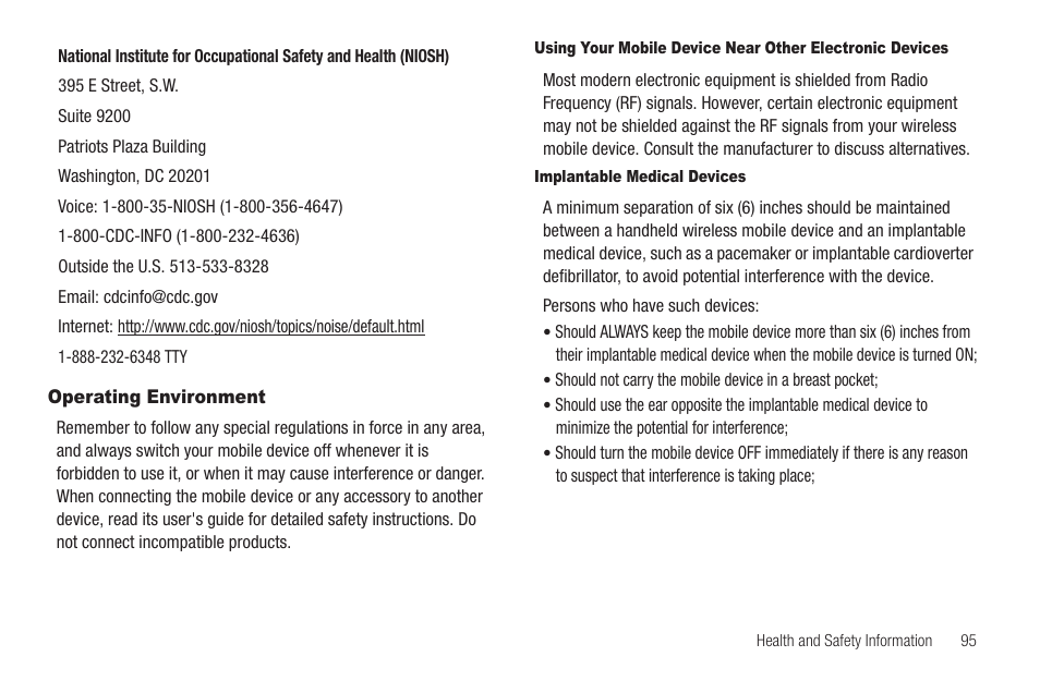 Operating environment, Implantable medical devices | Samsung SCH-R880MBAUSC User Manual | Page 99 / 114