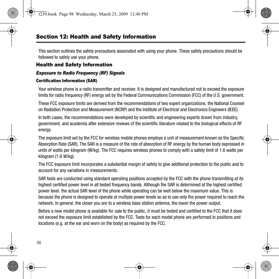 Section 12: health and safety information, Health and safety information | Samsung SGH-T239WRBTMB User Manual | Page 102 / 132