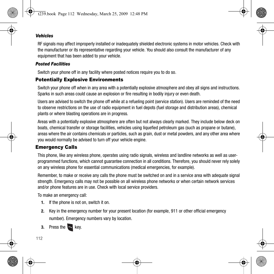 Potentially explosive environments, Emergency calls, Potentially explosive environments emergency calls | Samsung SGH-T239WRBTMB User Manual | Page 116 / 132