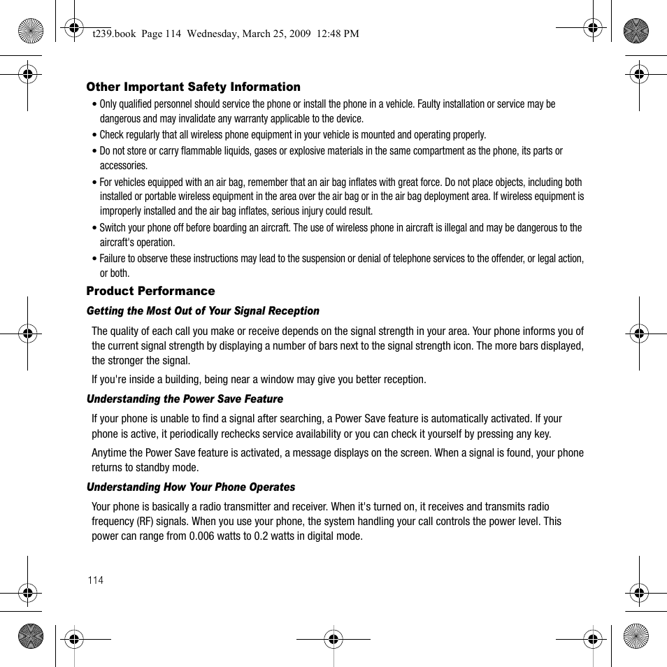 Other important safety information, Product performance | Samsung SGH-T239WRBTMB User Manual | Page 118 / 132