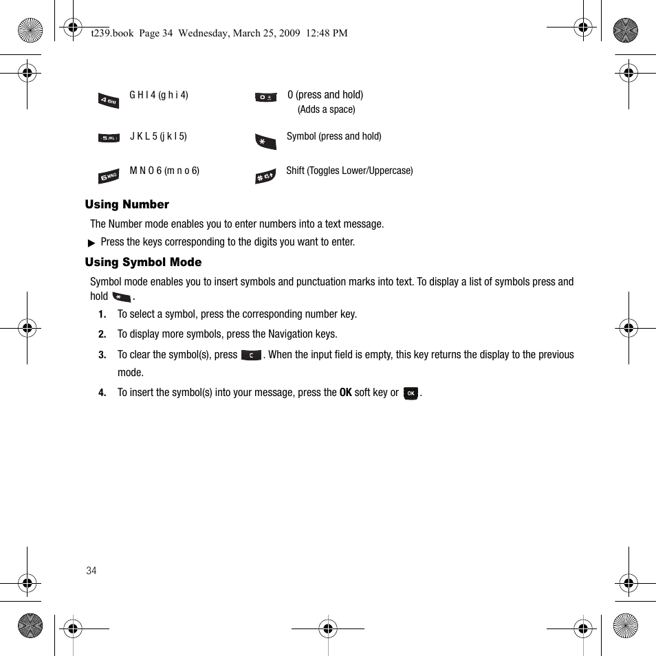 Using number, Using symbol mode, Using number using symbol mode | Samsung SGH-T239WRBTMB User Manual | Page 38 / 132