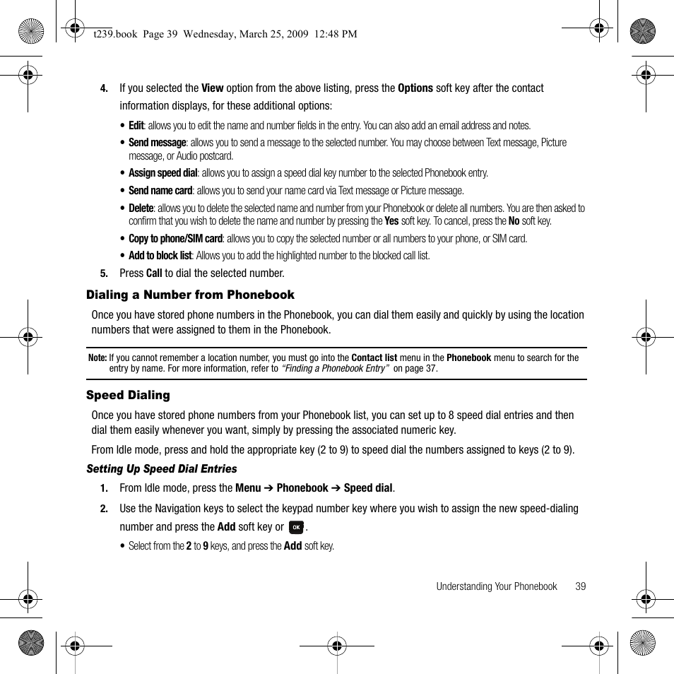 Dialing a number from phonebook, Speed dialing, Dialing a number from phonebook speed dialing | Samsung SGH-T239WRBTMB User Manual | Page 43 / 132