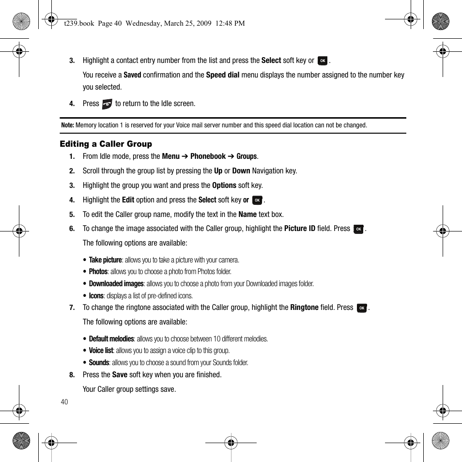 Editing a caller group | Samsung SGH-T239WRBTMB User Manual | Page 44 / 132