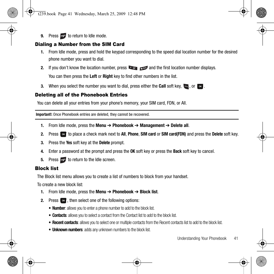 Dialing a number from the sim card, Deleting all of the phonebook entries, Block list | Samsung SGH-T239WRBTMB User Manual | Page 45 / 132