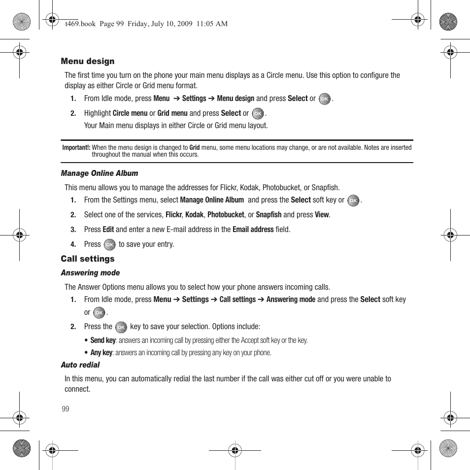 Menu design, Call settings, Menu design call settings | Samsung SGH-T469DAATMB User Manual | Page 102 / 162