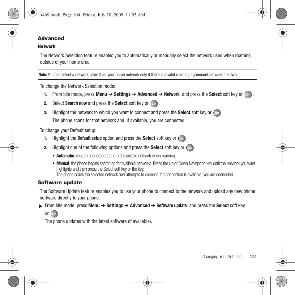 Advanced, Software update, Advanced software update | Samsung SGH-T469DAATMB User Manual | Page 107 / 162