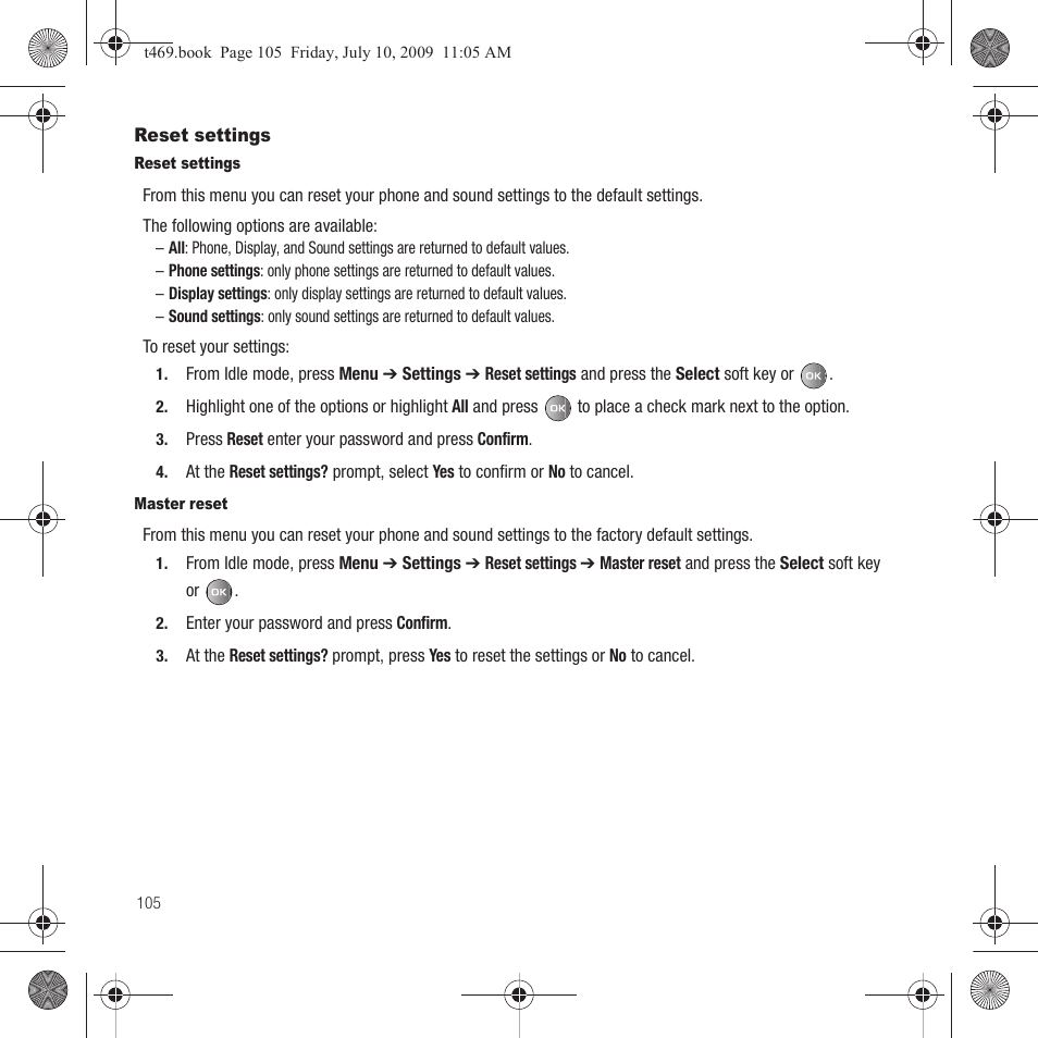 Reset settings | Samsung SGH-T469DAATMB User Manual | Page 108 / 162