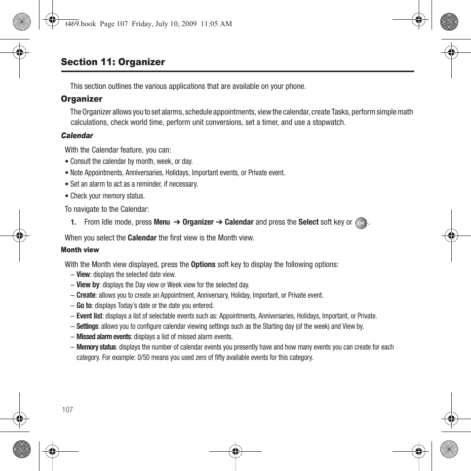 Section 11: organizer, Organizer | Samsung SGH-T469DAATMB User Manual | Page 110 / 162