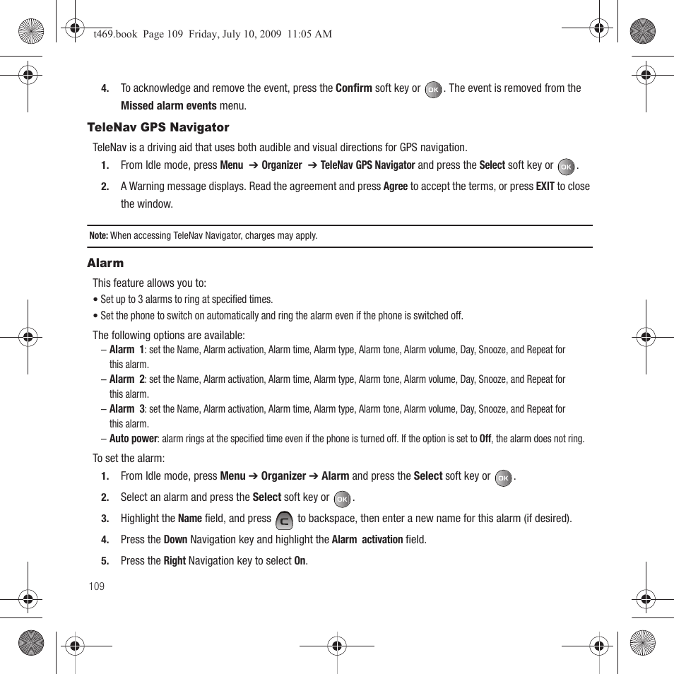 Telenav gps navigator, Alarm, Telenav gps navigator alarm | Samsung SGH-T469DAATMB User Manual | Page 112 / 162