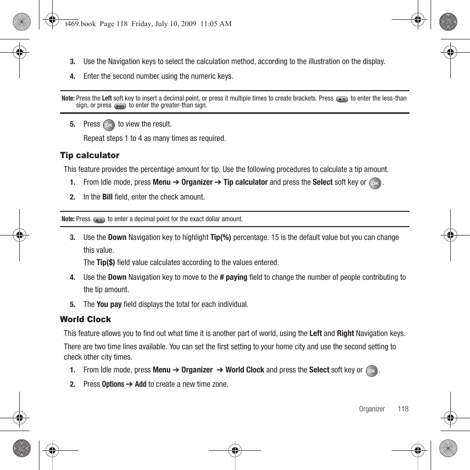 Tip calculator, World clock, Tip calculator world clock | Samsung SGH-T469DAATMB User Manual | Page 121 / 162