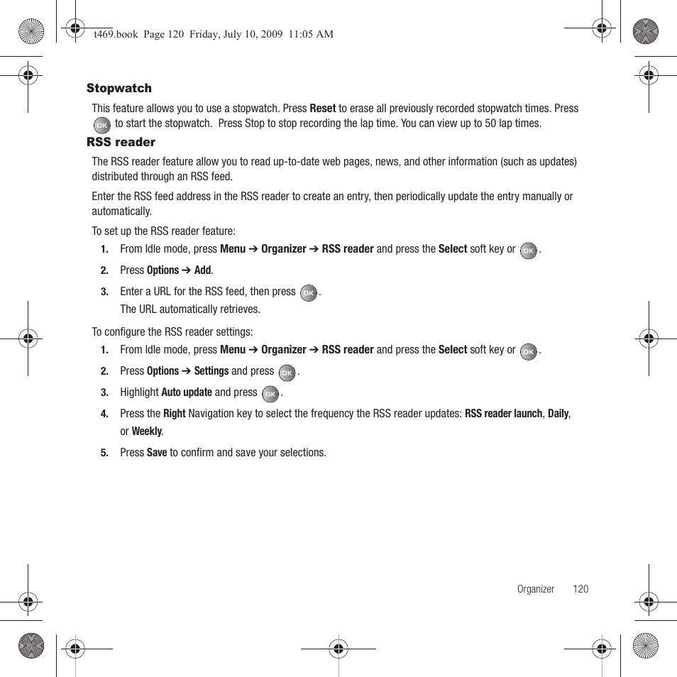 Stopwatch, Rss reader, Stopwatch rss reader | Samsung SGH-T469DAATMB User Manual | Page 123 / 162