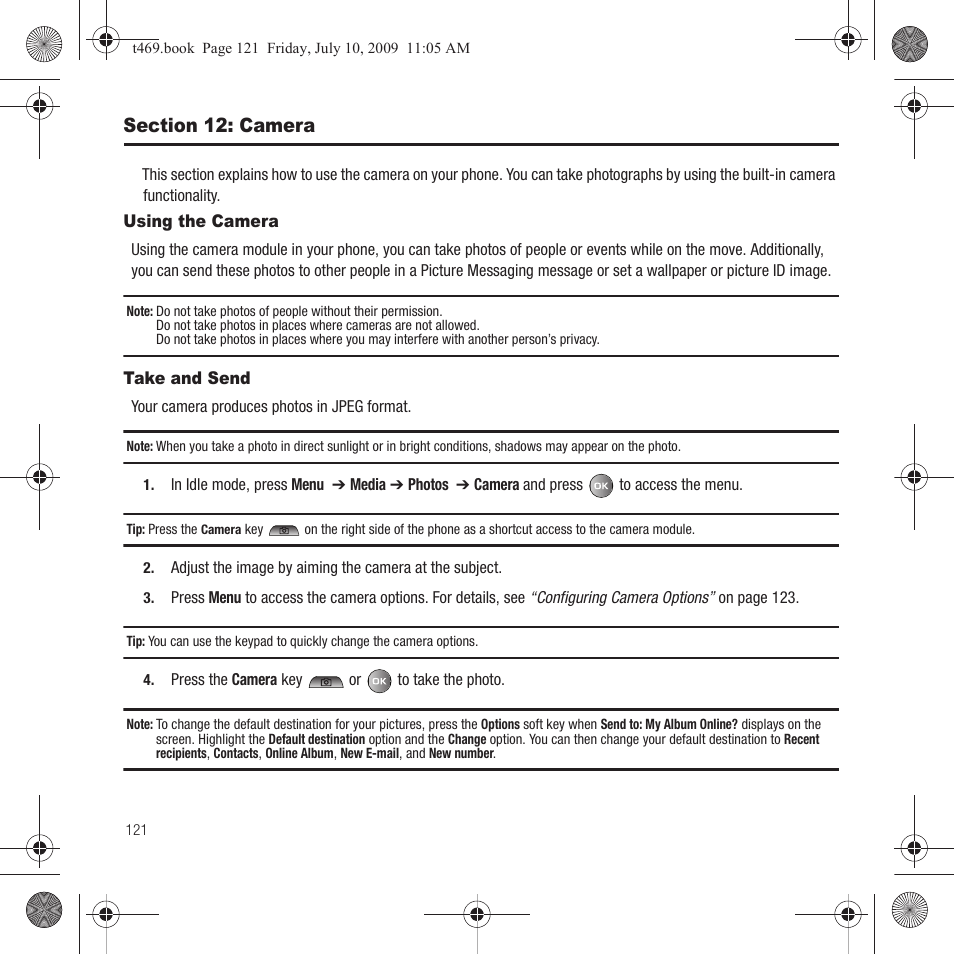 Section 12: camera, Using the camera, Take and send | Using the camera take and send | Samsung SGH-T469DAATMB User Manual | Page 124 / 162