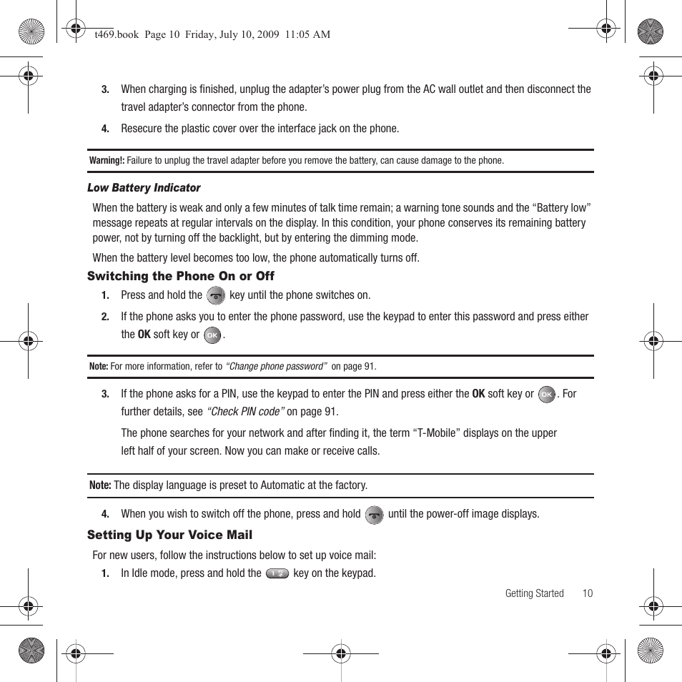 Switching the phone on or off, Setting up your voice mail | Samsung SGH-T469DAATMB User Manual | Page 13 / 162