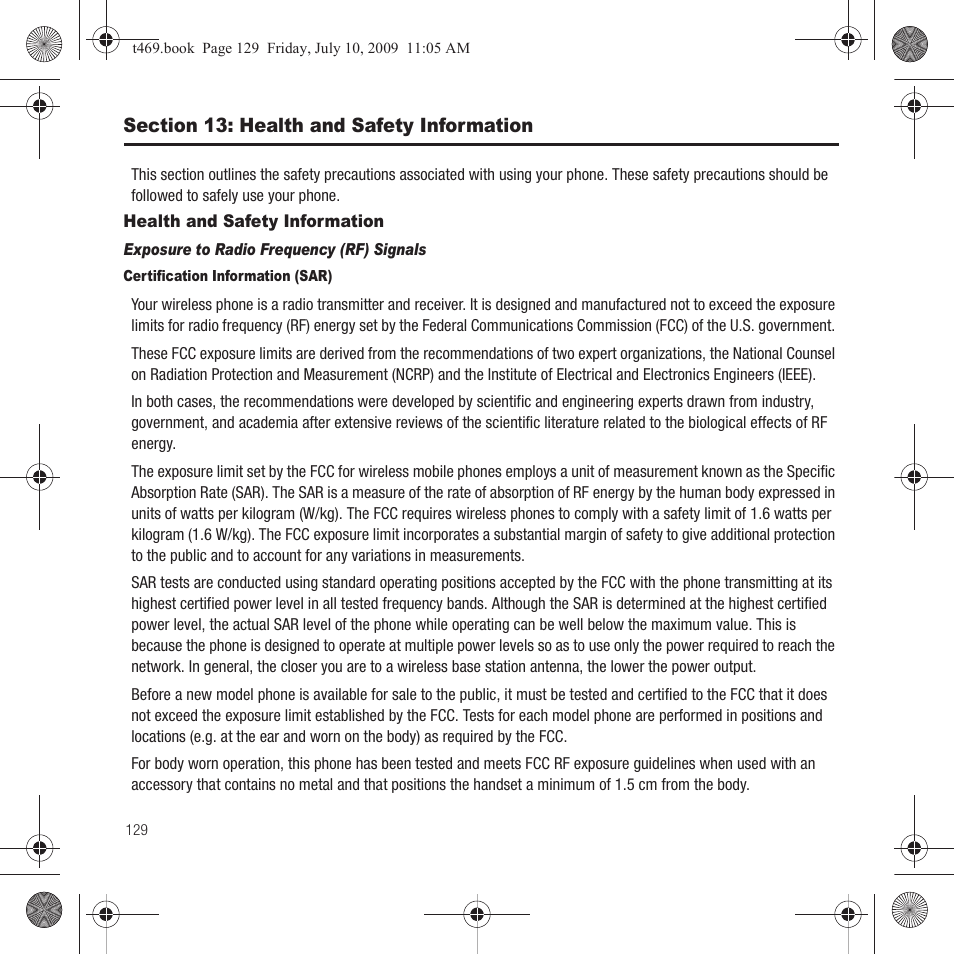 Section 13: health and safety information, Health and safety information | Samsung SGH-T469DAATMB User Manual | Page 132 / 162