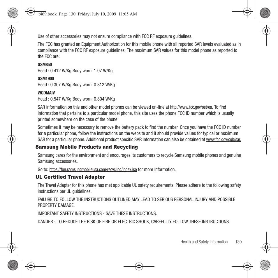 Samsung mobile products and recycling, Ul certified travel adapter | Samsung SGH-T469DAATMB User Manual | Page 133 / 162