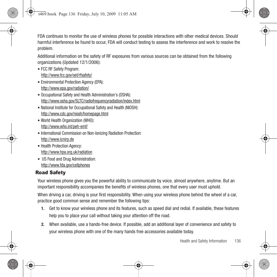 Road safety | Samsung SGH-T469DAATMB User Manual | Page 139 / 162