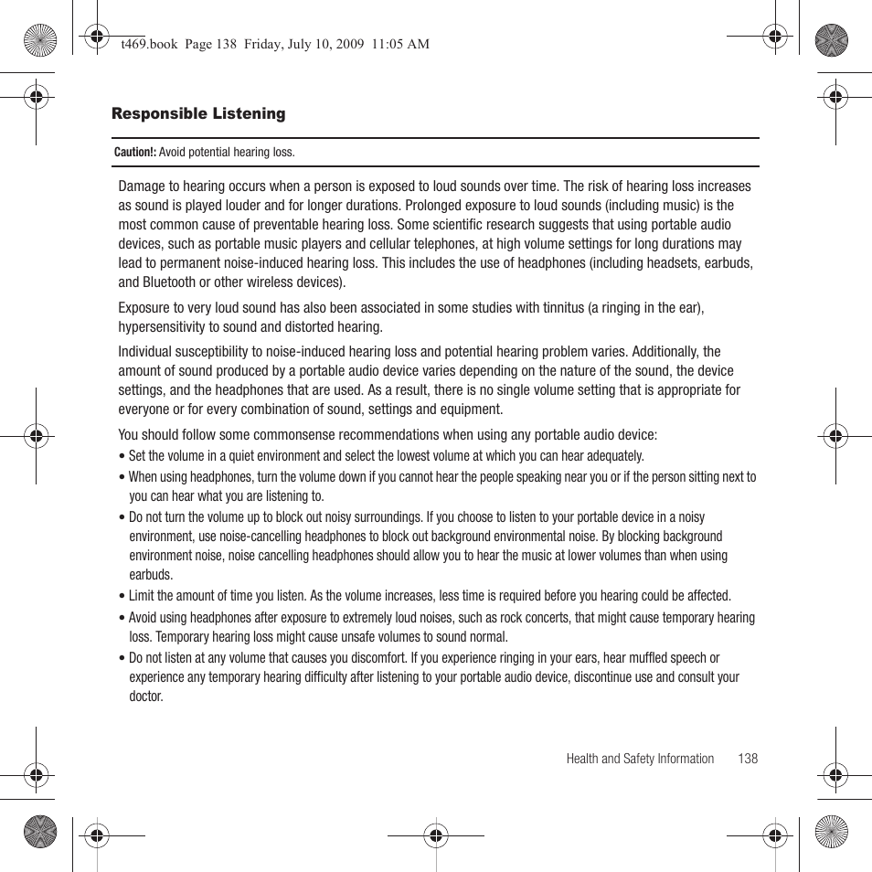 Responsible listening | Samsung SGH-T469DAATMB User Manual | Page 141 / 162