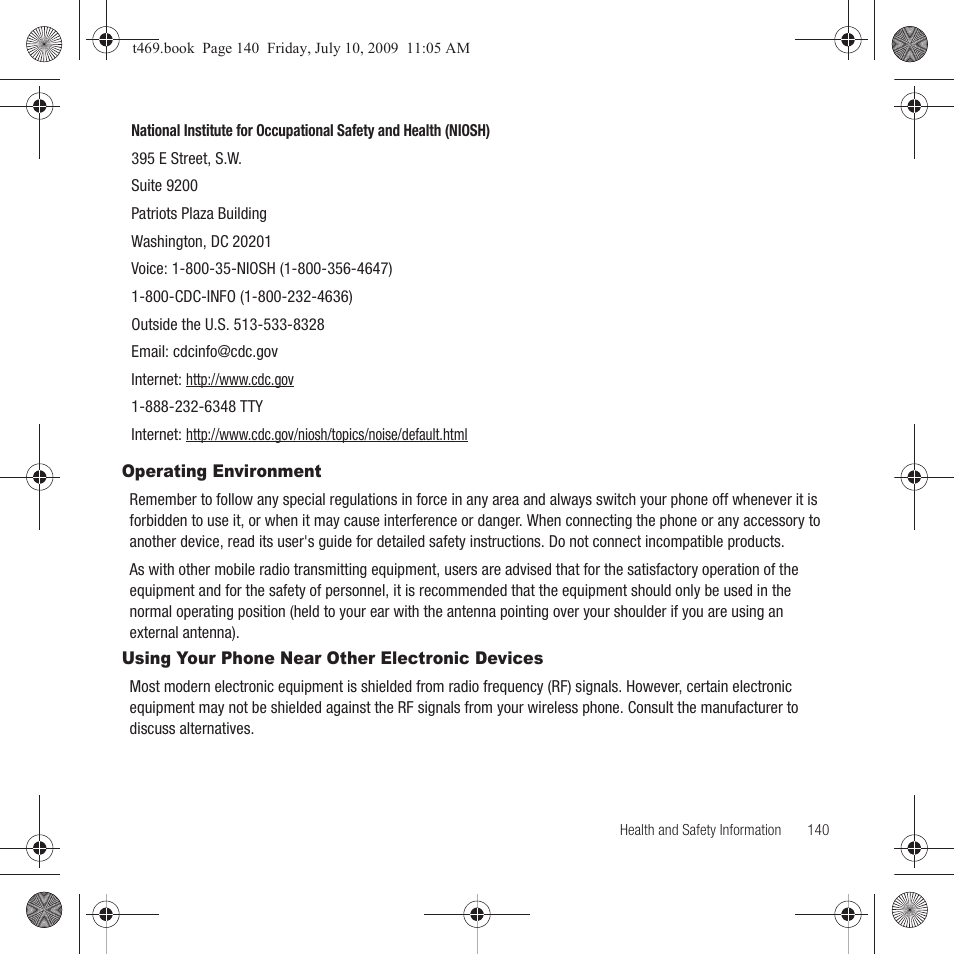 Operating environment, Using your phone near other electronic devices | Samsung SGH-T469DAATMB User Manual | Page 143 / 162