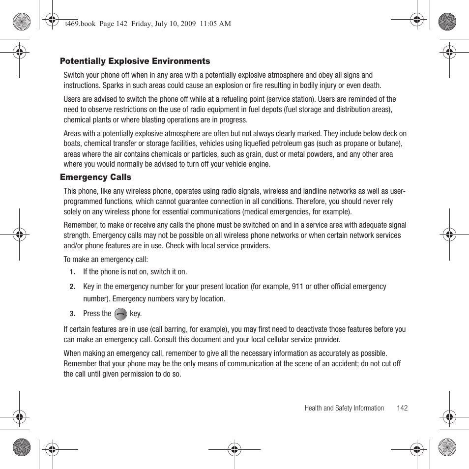 Potentially explosive environments, Emergency calls, Potentially explosive environments emergency calls | Samsung SGH-T469DAATMB User Manual | Page 145 / 162