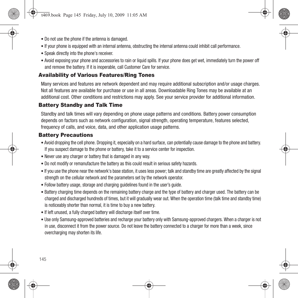 Availability of various features/ring tones, Battery standby and talk time, Battery precautions | Samsung SGH-T469DAATMB User Manual | Page 148 / 162