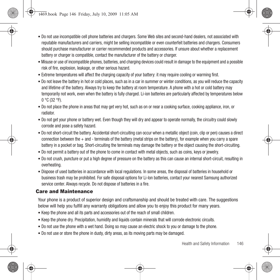 Care and maintenance | Samsung SGH-T469DAATMB User Manual | Page 149 / 162