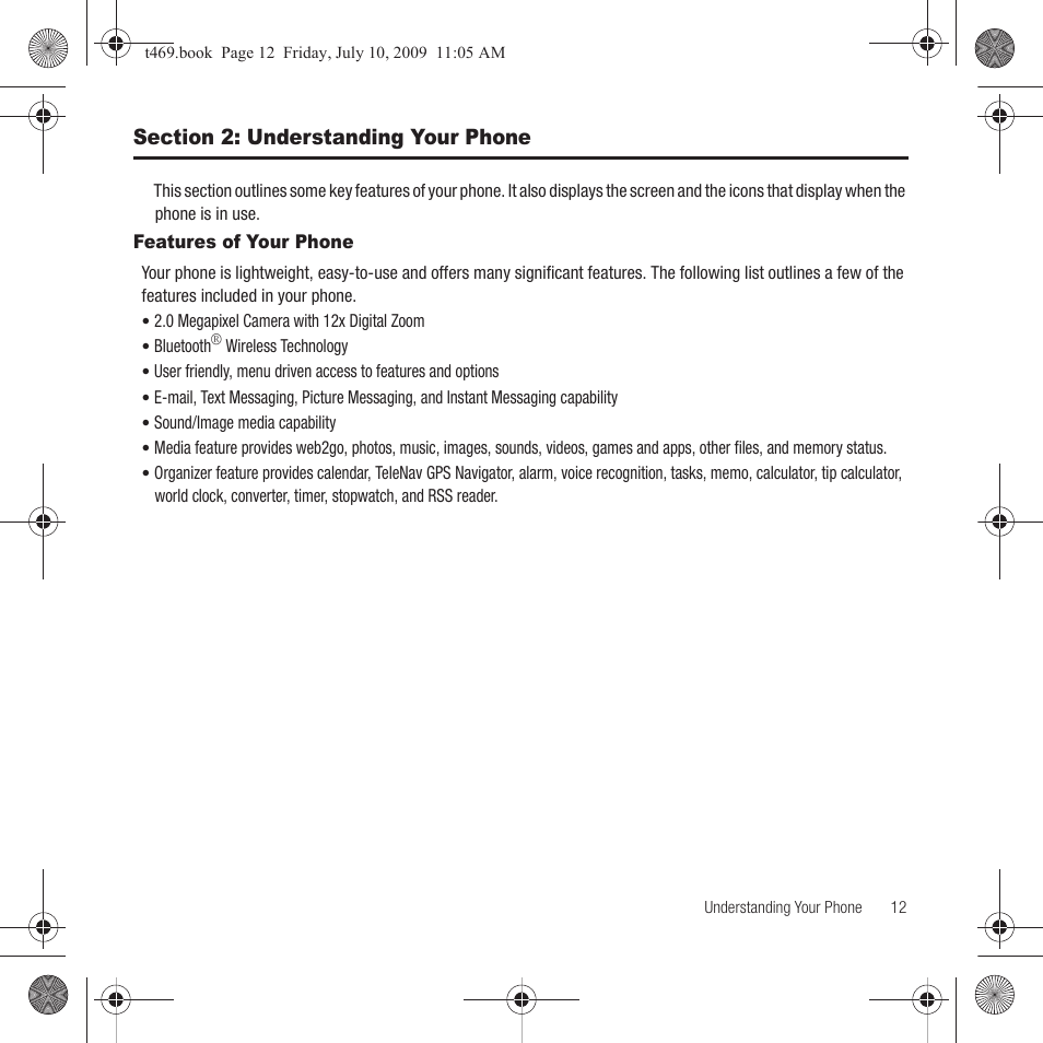 Section 2: understanding your phone, Features of your phone | Samsung SGH-T469DAATMB User Manual | Page 15 / 162