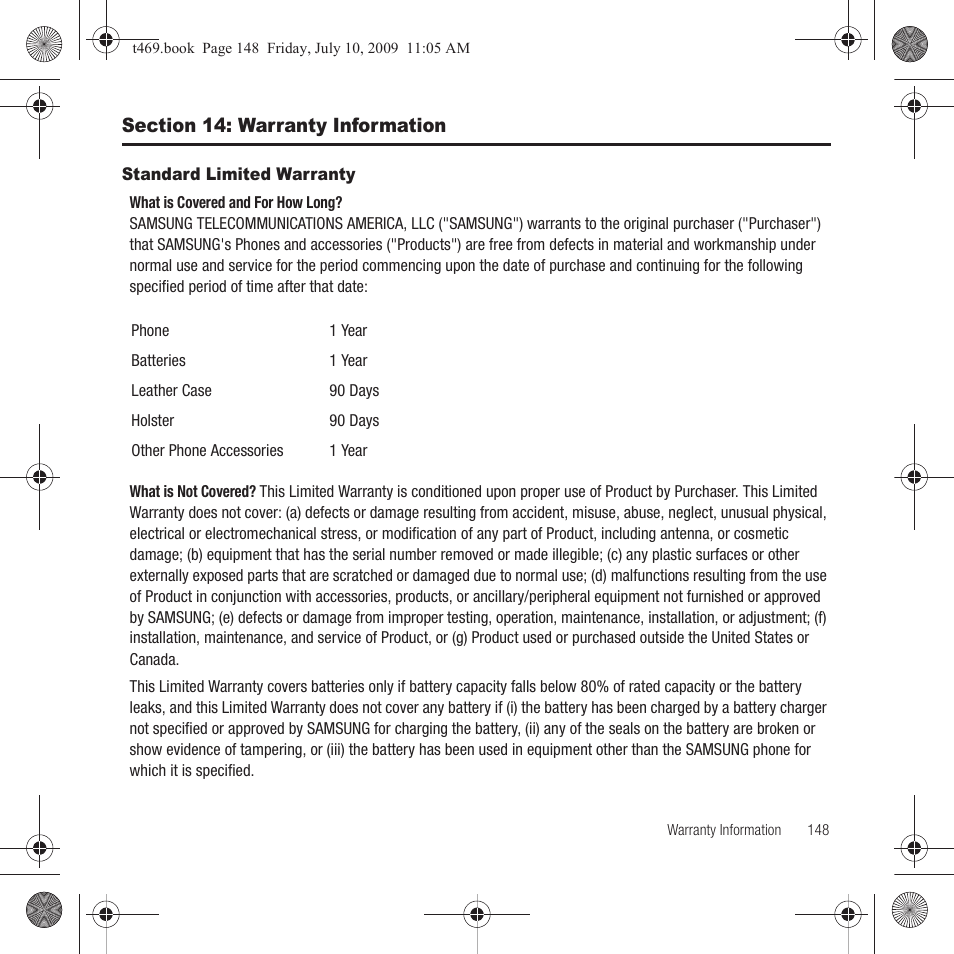 Section 14: warranty information, Standard limited warranty | Samsung SGH-T469DAATMB User Manual | Page 151 / 162