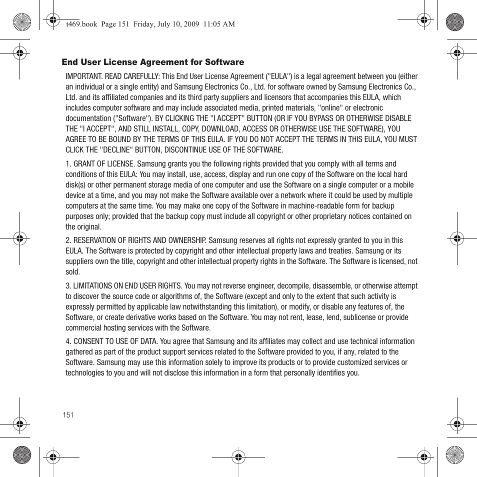 End user license agreement for software | Samsung SGH-T469DAATMB User Manual | Page 154 / 162