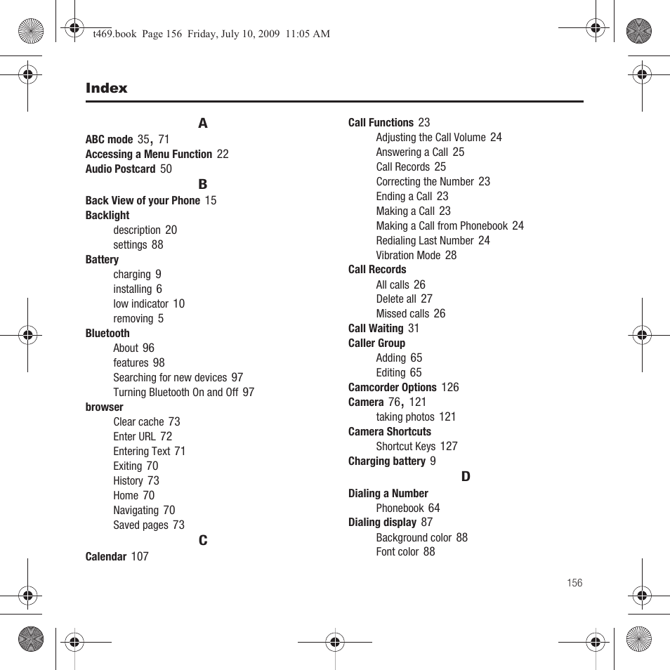 Index | Samsung SGH-T469DAATMB User Manual | Page 159 / 162