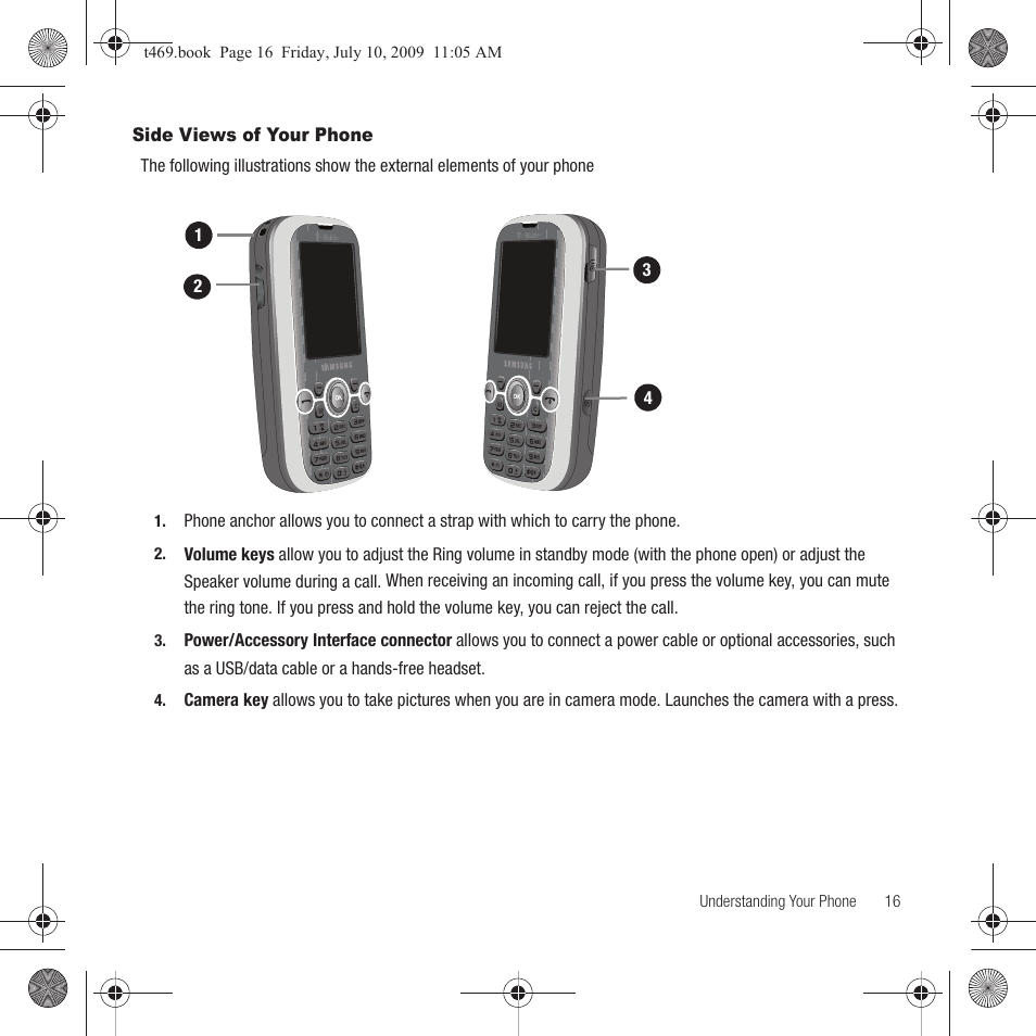 Side views of your phone | Samsung SGH-T469DAATMB User Manual | Page 19 / 162